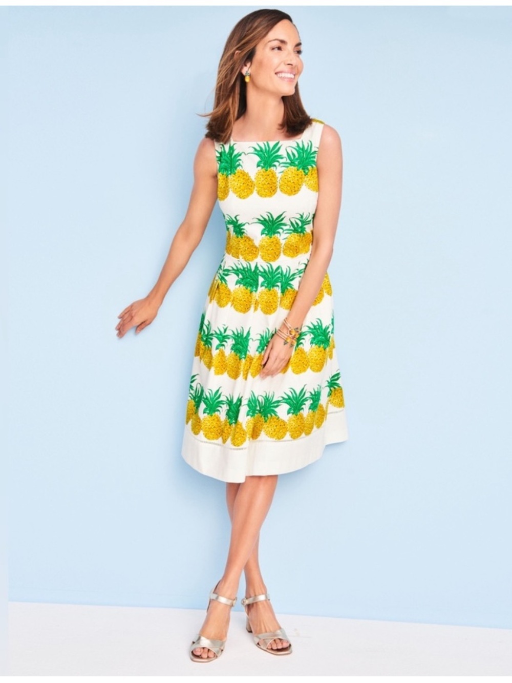 NWT Talbots RSVP Pineapple Fit-and-Flare Dress White Yellow Green Pockets 16